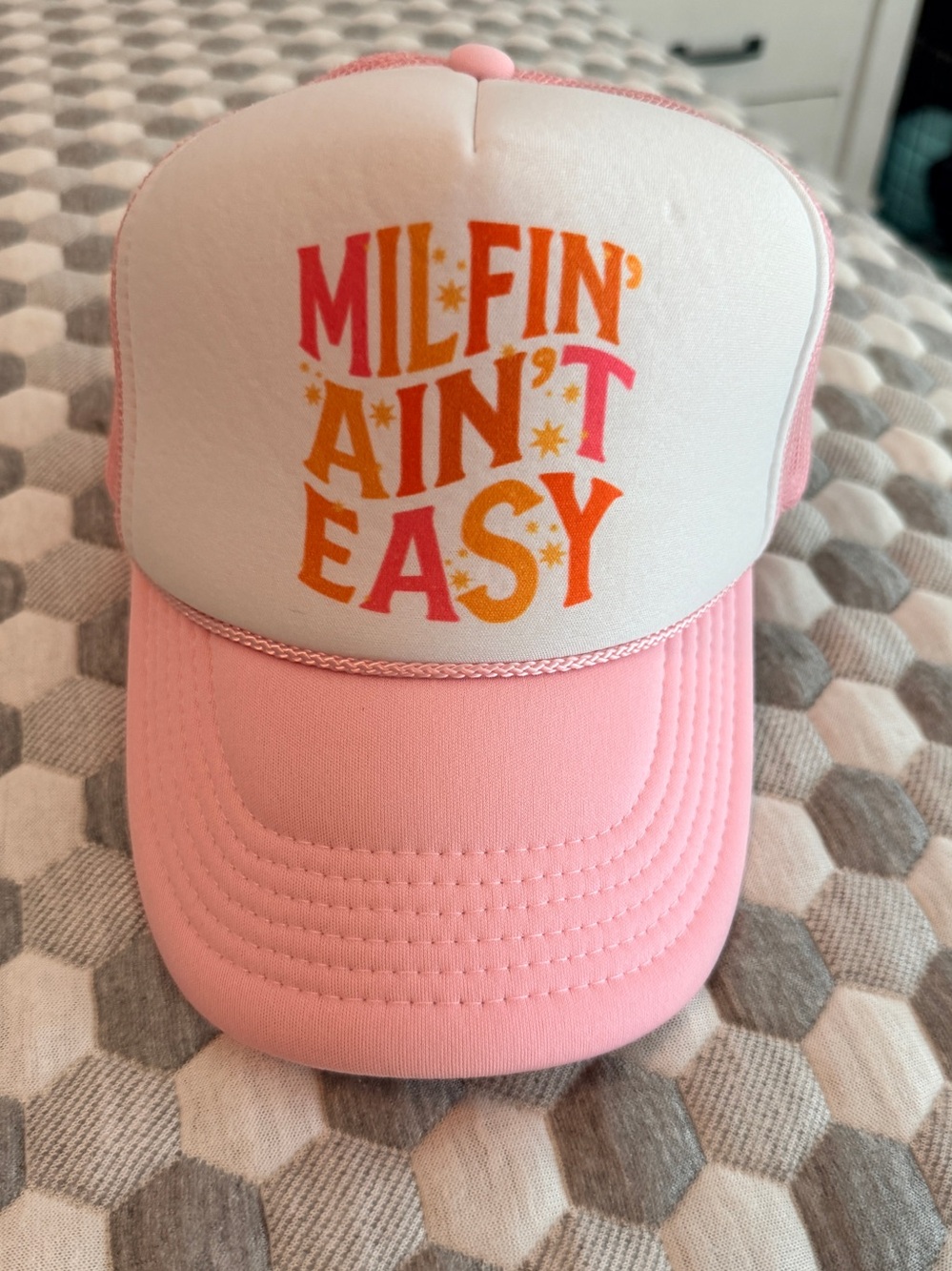 Pink Trucker Hat with 'Milfin' Graphic